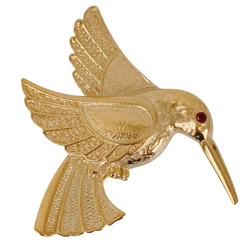 Vintage Gold Tone Hummingbird Brooch Figural Bird Pin Red Glass Rhinestone Eye